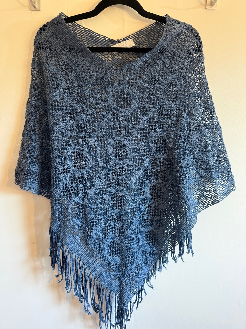 Z Labelle Made in Italy Blue Crochet Poncho Fringe One Size Cotton Boho